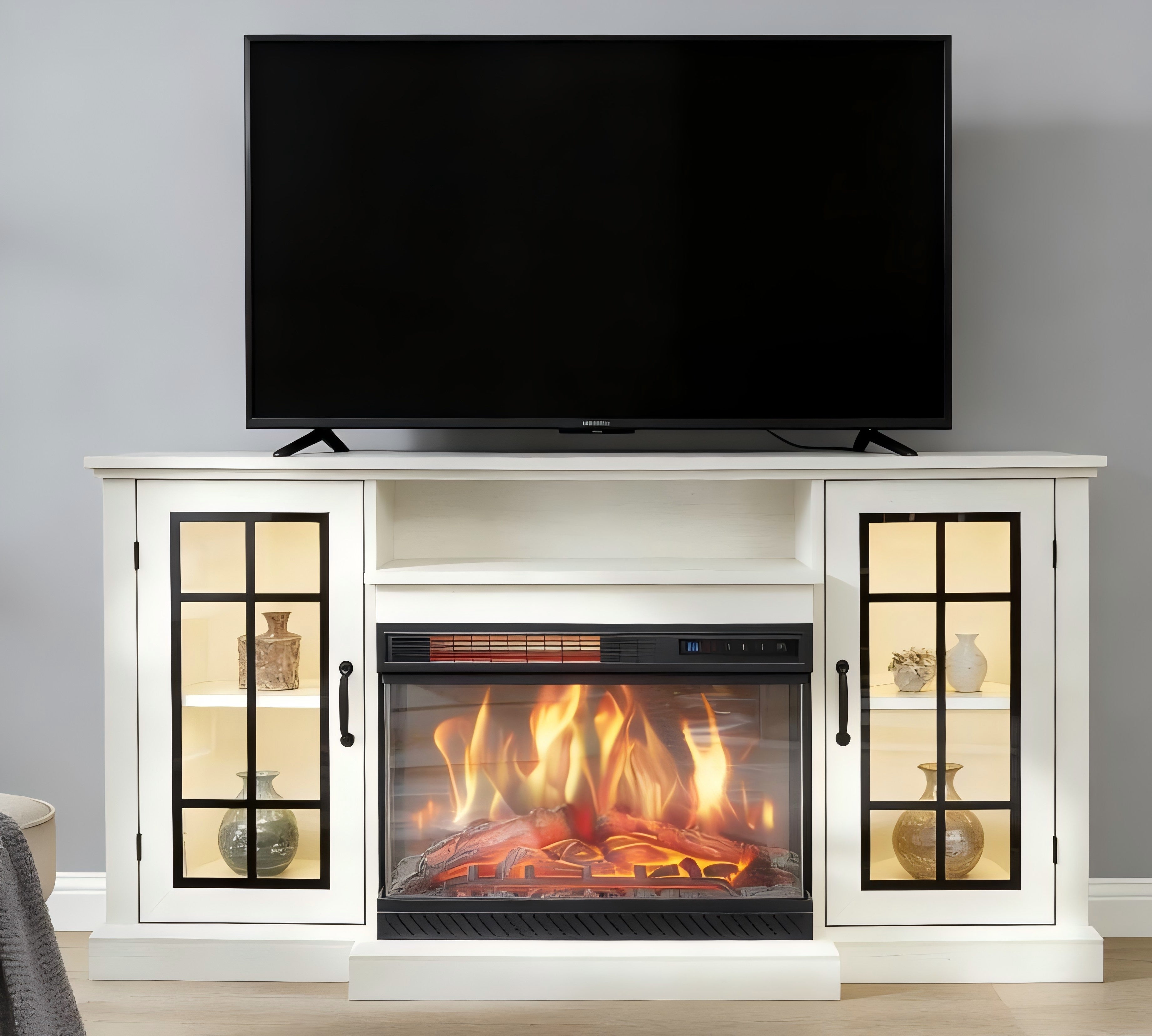 1_1 Garvee 59" 3-Sided Glass Fireplace TV Stand for TVs up to 65" - Rustic Distressed White, LED Lights, Electric Fireplace, Glass Door Storage - Living Room - Image 1