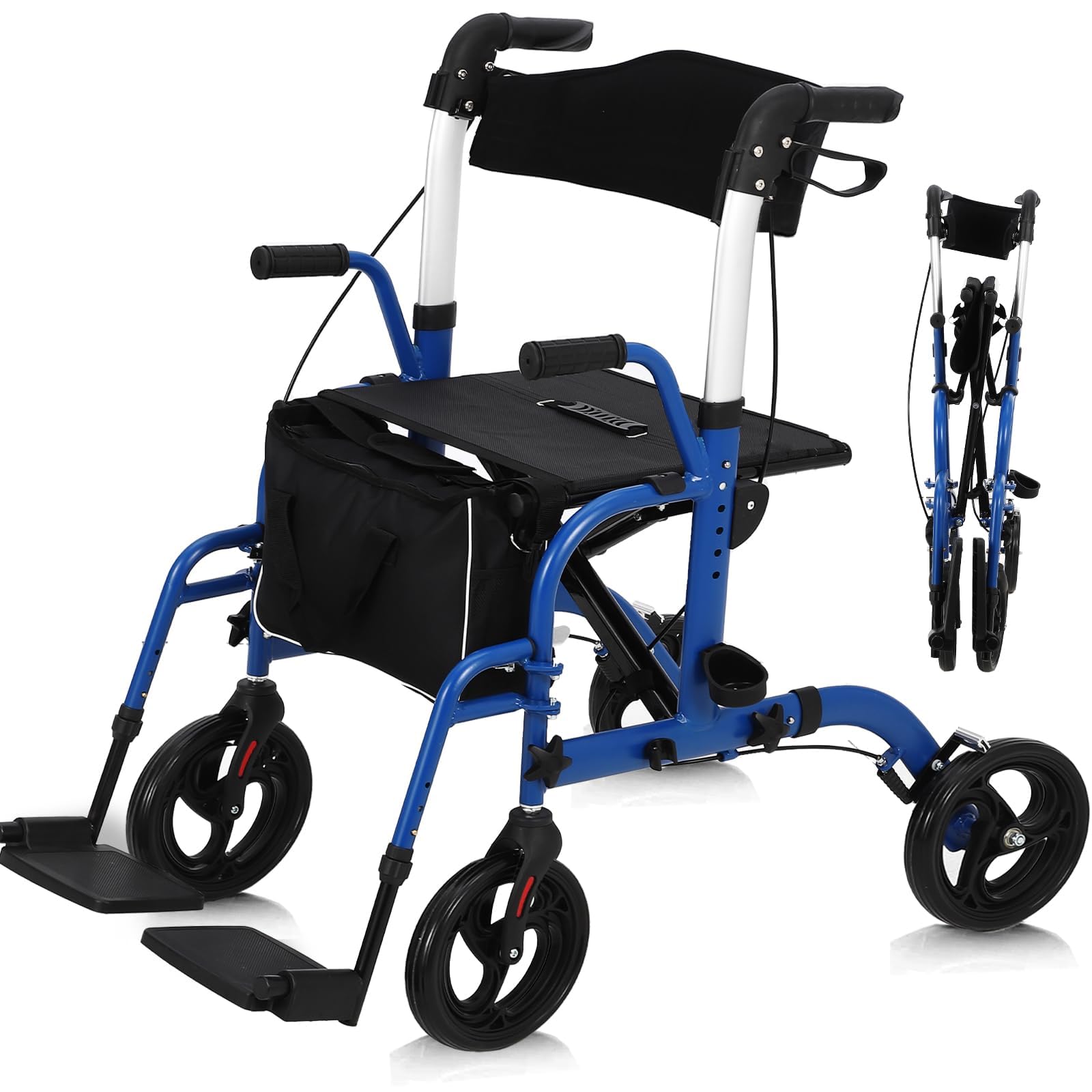image_1_005ad7e3-460b-4e95-aebe-501b6094e808-1 Garvee All-Terrain 2-in-1 Folding Walker & Transport Chair with Rest Seat, Adjustable Handlebars, Dual Brake System, Storage Bag for Seniors, Shopping, Outdoor Use, 300lbs Capacity, Blue - Image 1